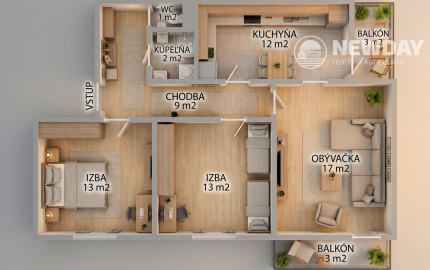 NEWDAY | NA PREDAJ | zrekonštruovaný 3-izbový byt s lodžiou, balkónom a s výhľadom na hrad | Trenčín – Hodžova | úžitková plocha 71 m²